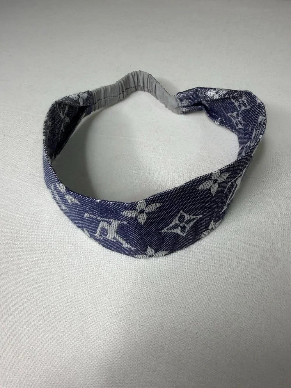 Curated Crowns Upcycled Louis Vuitton Monogram Scarf Headband Navy Gray